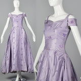 1950s Lavender Evening Dress with Floral Embroidery