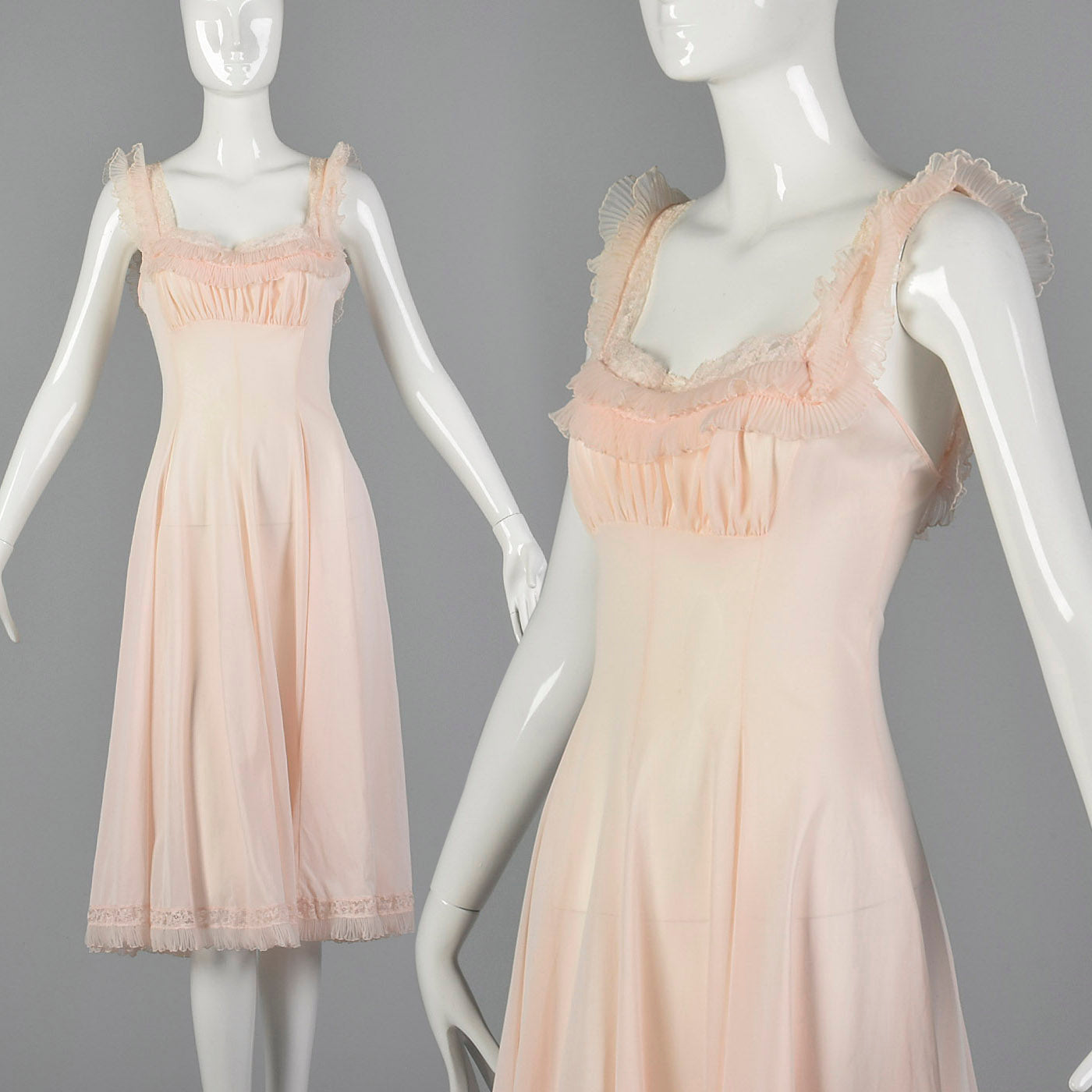 1950s Pink Nylon Nightgown with Ruffle Trim
