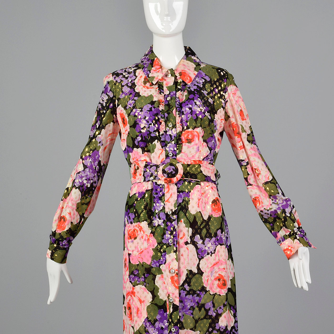 1970s Floral Maxi Dress with Metallic Polka Dots