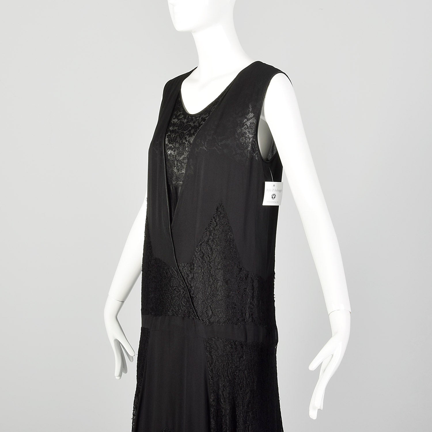 Medium 1920s Black Silk Dress Lace Panel Elegant Sleeveless Evening