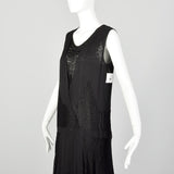 Medium 1920s Black Silk Dress Lace Panel Elegant Sleeveless Evening