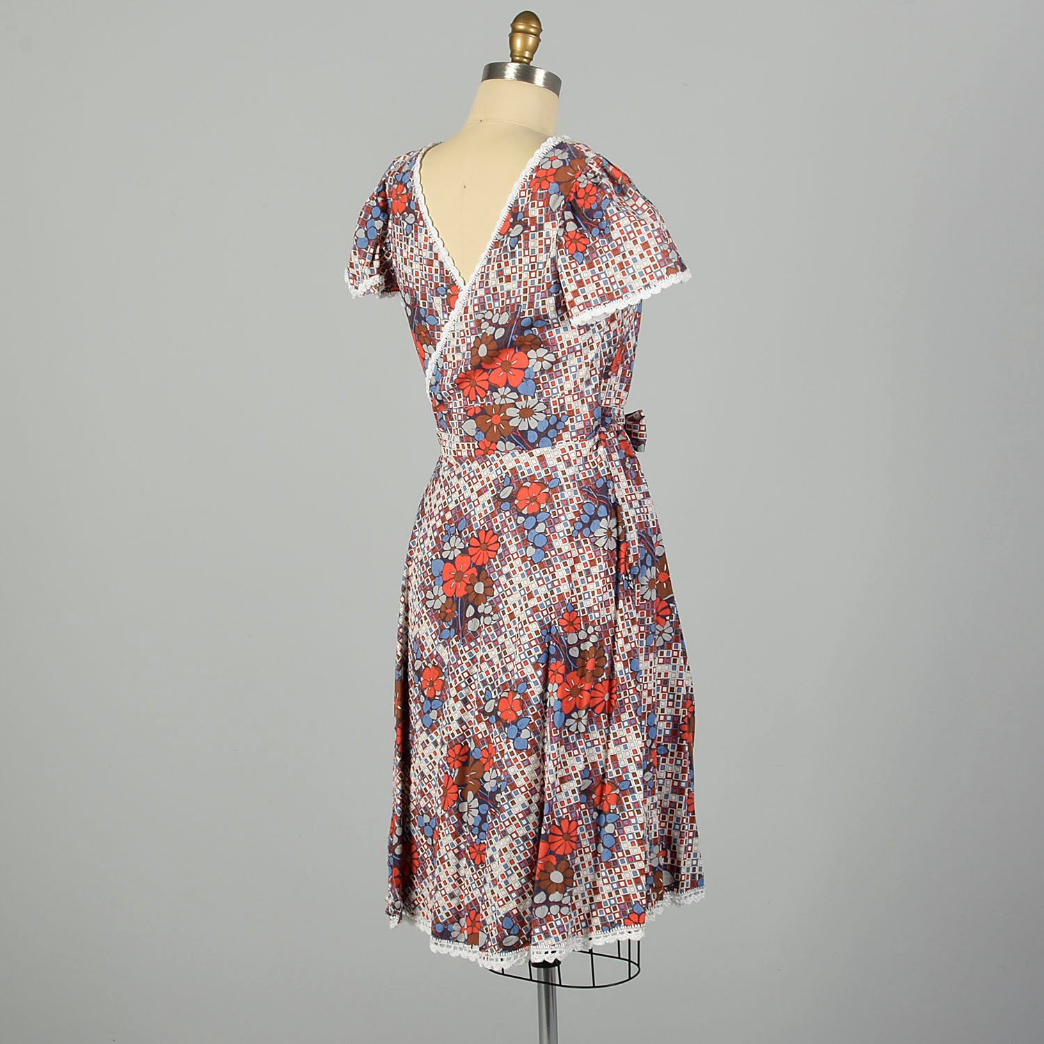 Small-Large 1960s Orange and Blue Floral and Geometric Wrap Dress