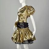 Medium 1980s Gold Lamé Prom Dress Asymmetric Drop Waist
