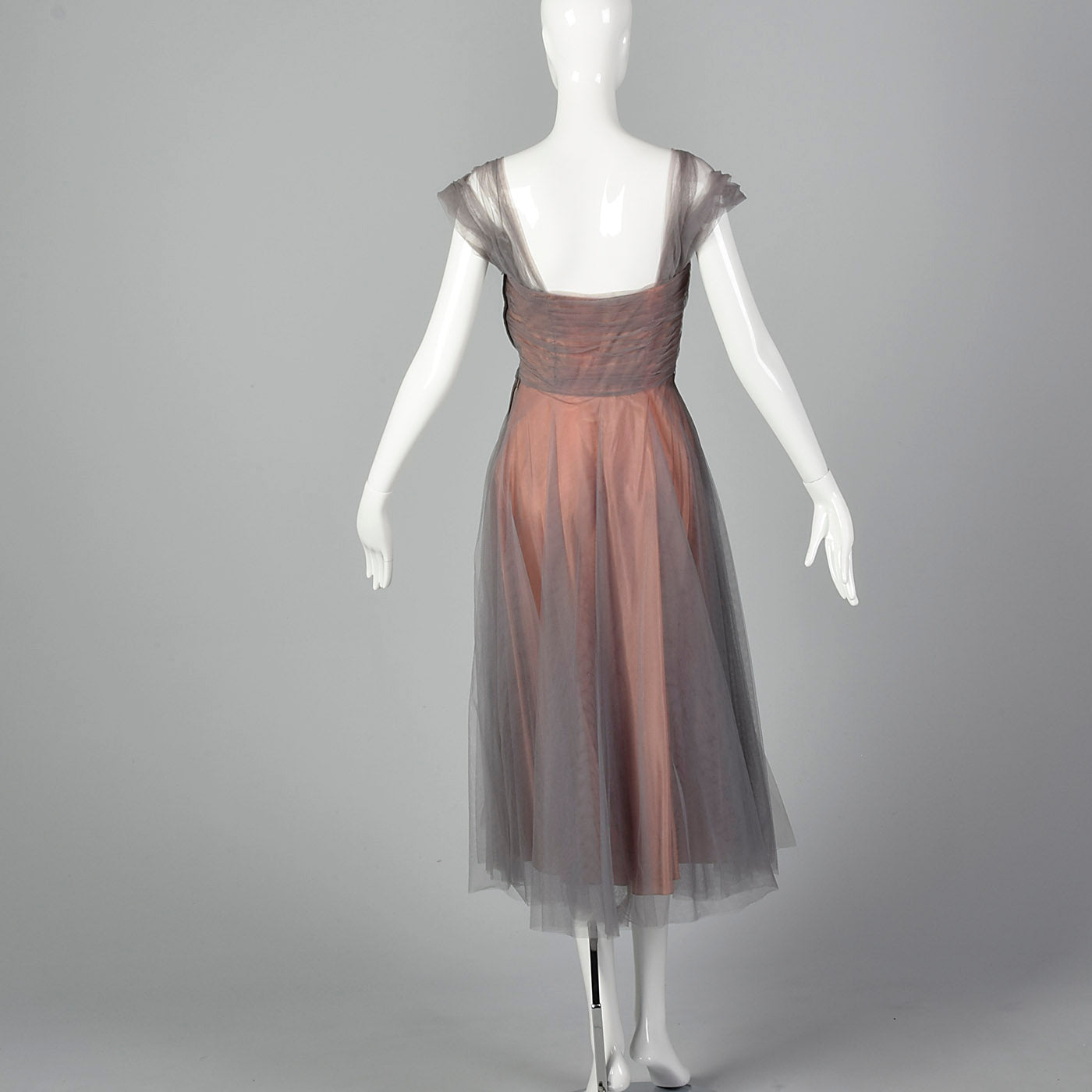 1950s Gray and Pink Mesh Dress with Faux Flower Bust