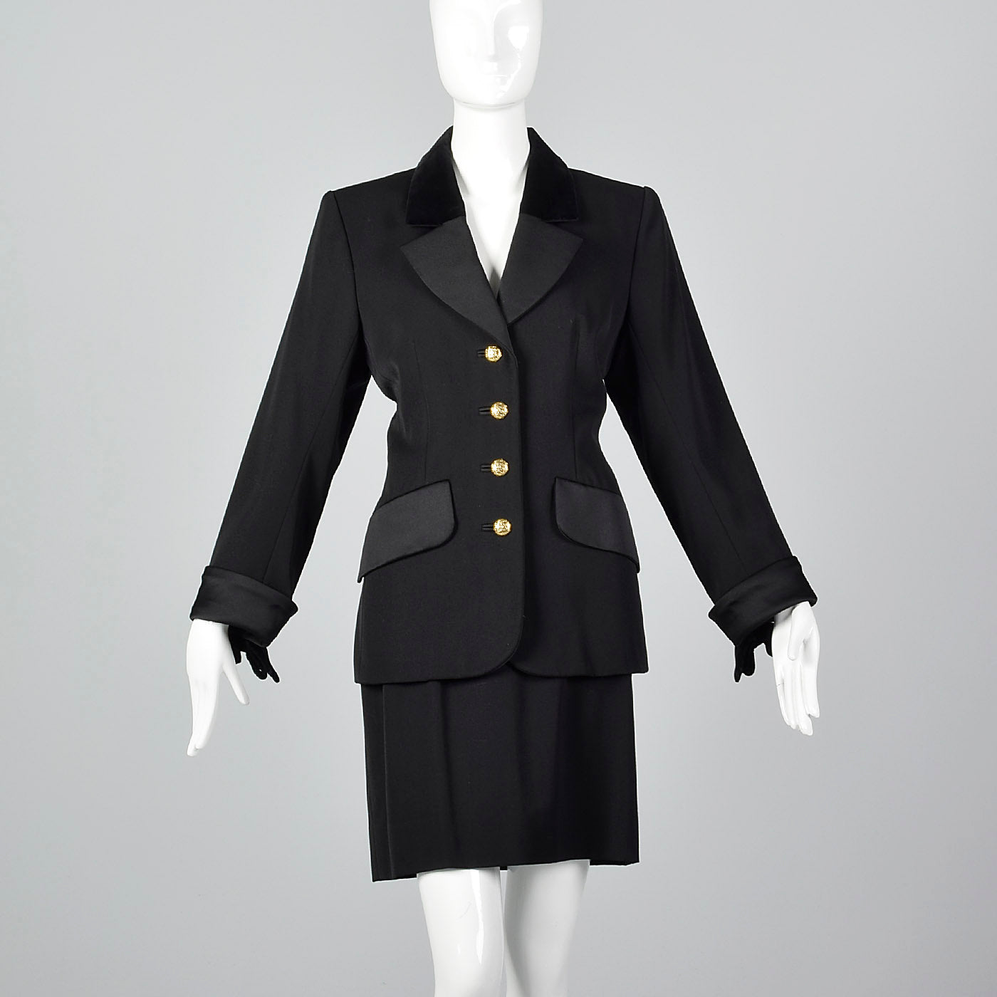 Yves Saint Laurent Rive Gauche Black Skirt Suit with Velvet Trim