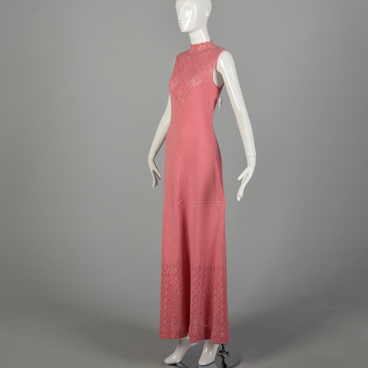 Medium 1970s Pink Maxi Dress Boho Sexy Sheer Bohemian Sleeveless Knit