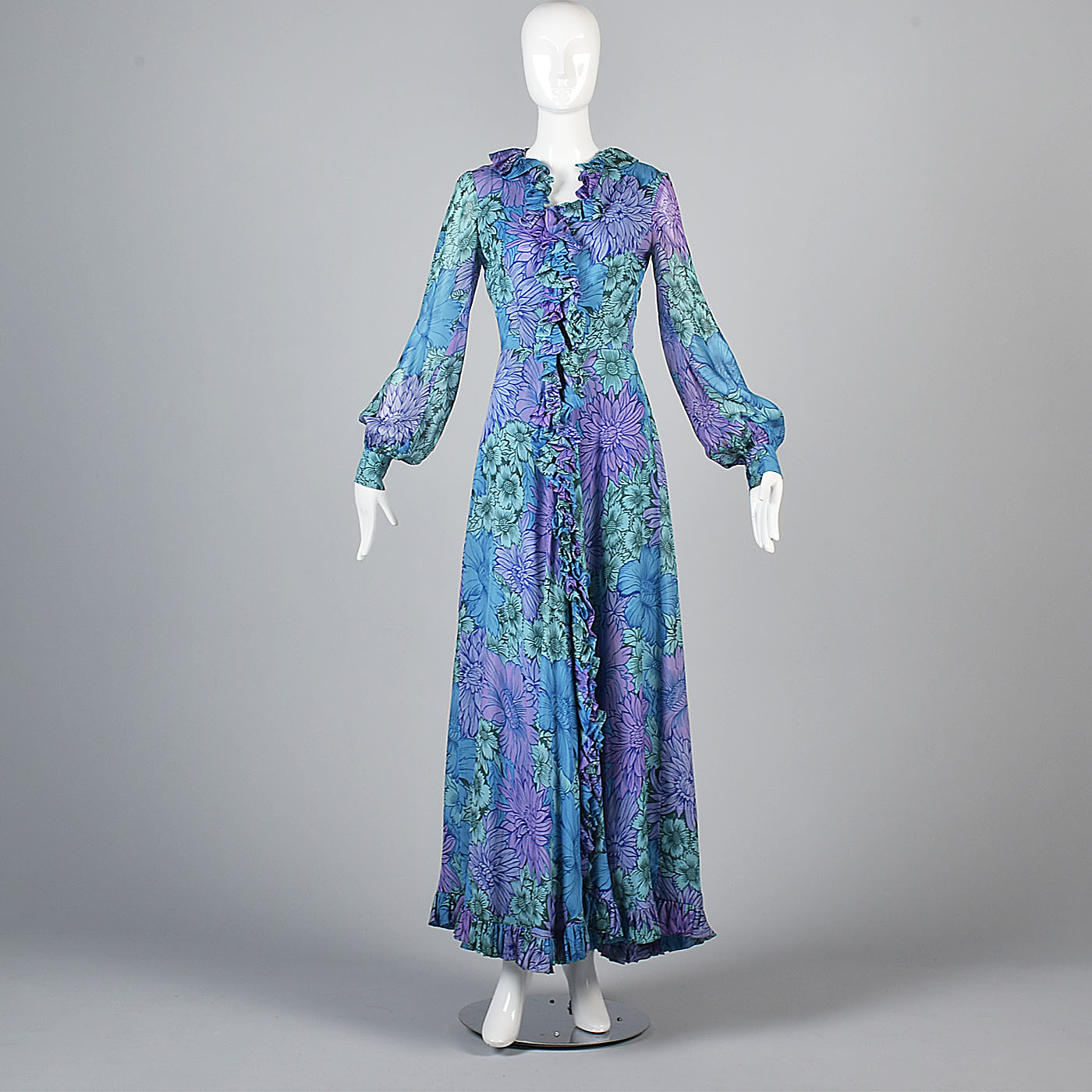 1960s La Mendola Silk Maxi Dress in a Blue Floral Signature Print