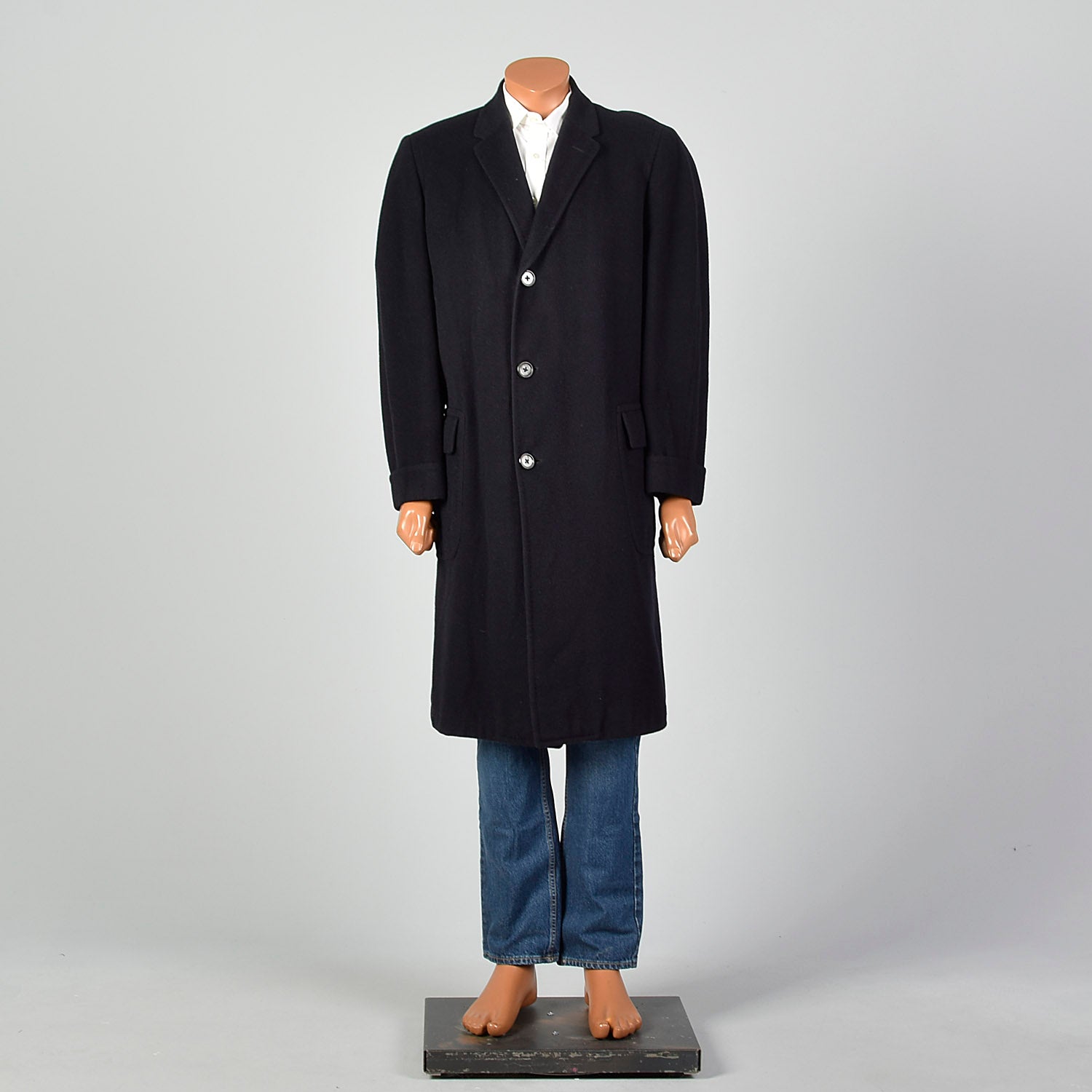 42 Large 1950s Mens Black Cashmere Overcoat