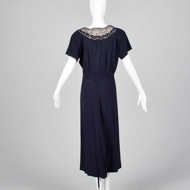 1950s Blue Rayon Dress with Lace Illusion Neckline