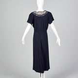 1950s Blue Rayon Dress with Lace Illusion Neckline