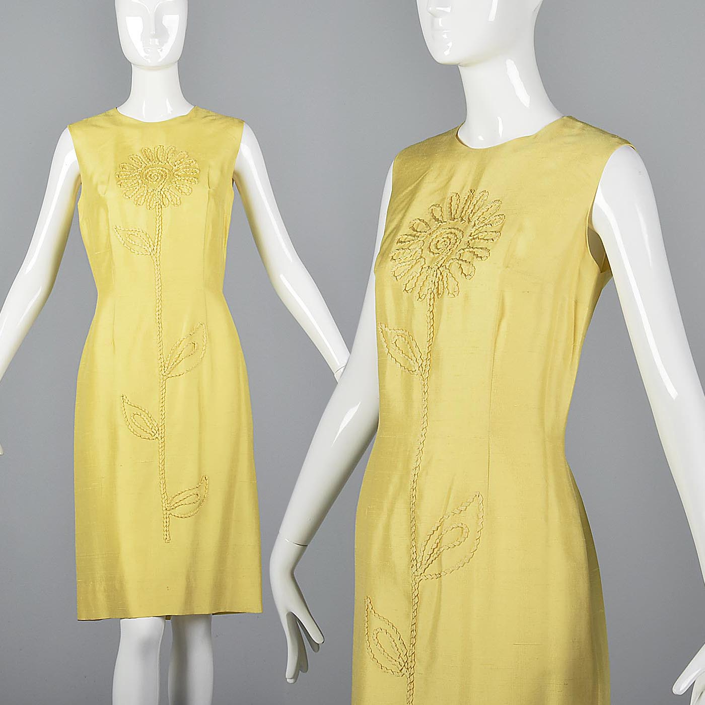1960s Yellow Silk Shift Dress with Flower Applique