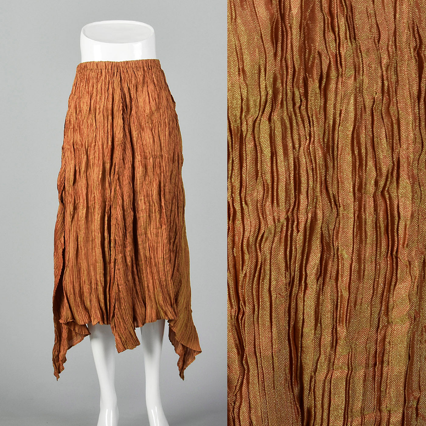 2000s Issey Miyake Iridescent Orange Pleated Skirt with Asymmetric Hem