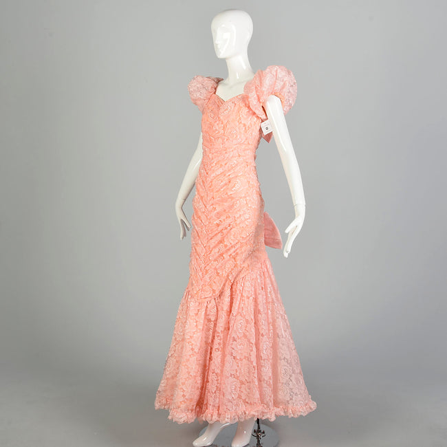 Medium 1980s Pink Lace Puff Sleeve Trumpet Skirt Formal Evening Prom Dress