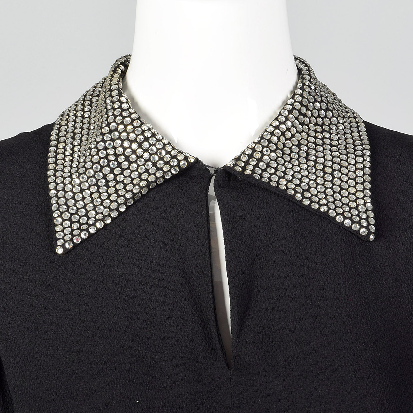 1940s Black Rayon Dress with Rhinestone Collar