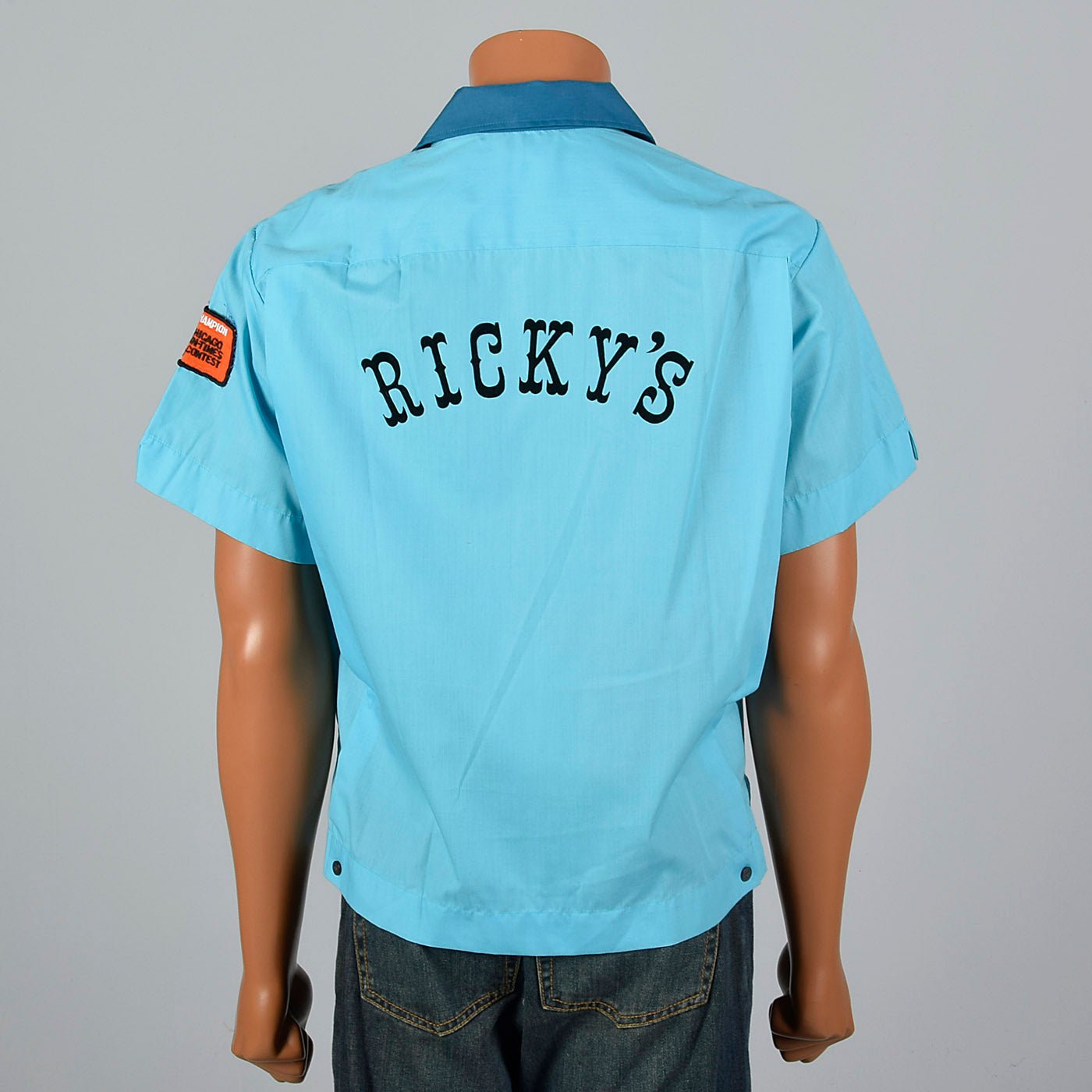 1960s Teal Blue Bowling Shirt with Chicago Sun Times Patch