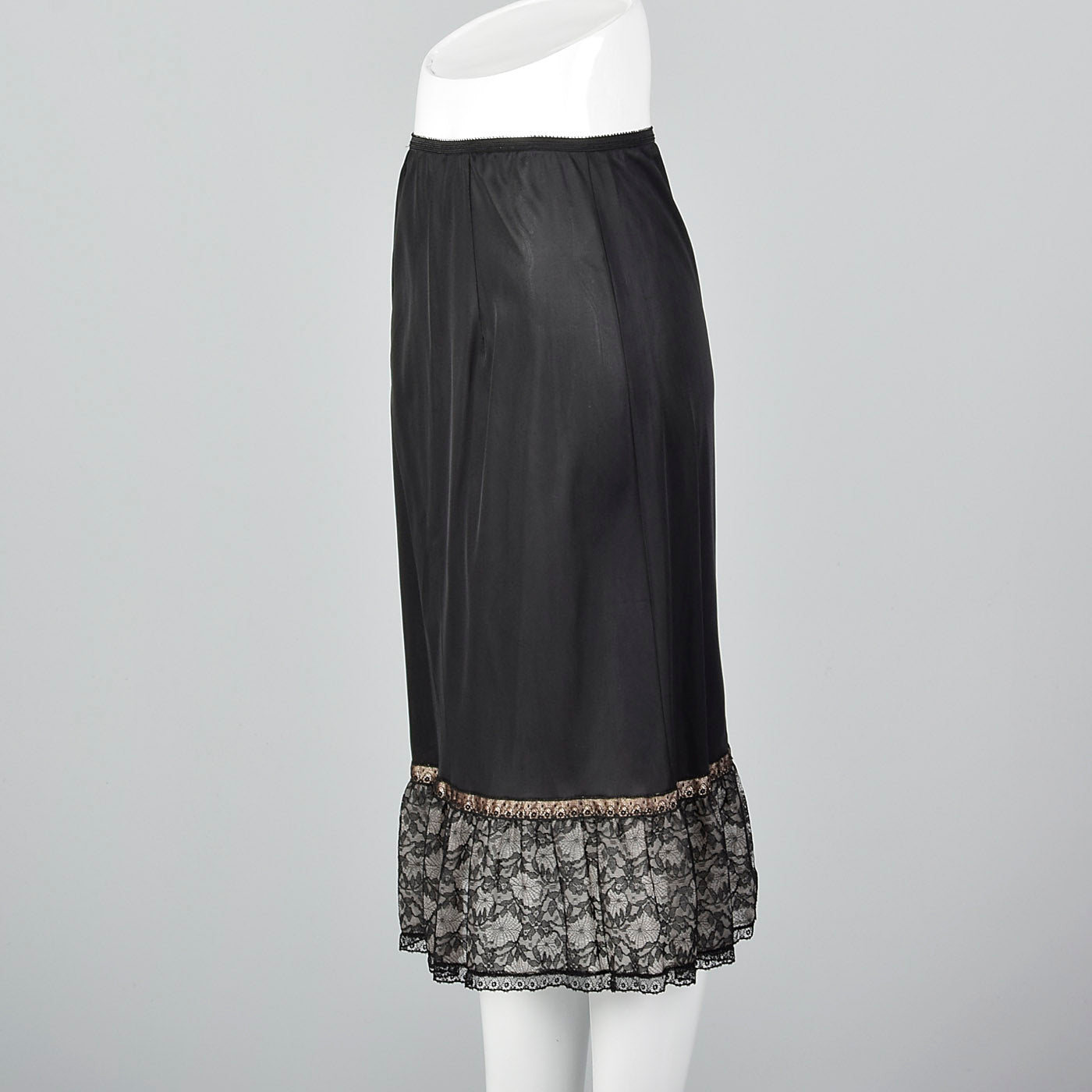 1950s Black Nylon Slip with Lace Hem & Bow Detail