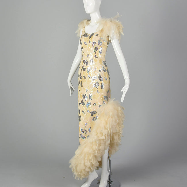 XS 1980s Sequin Formal Gown with Feather Trim