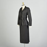 Small 1950s Femme Fatale Suit Bombshell Jacket Skirt Set Black Window Pane Taffeta Hourglass Suit