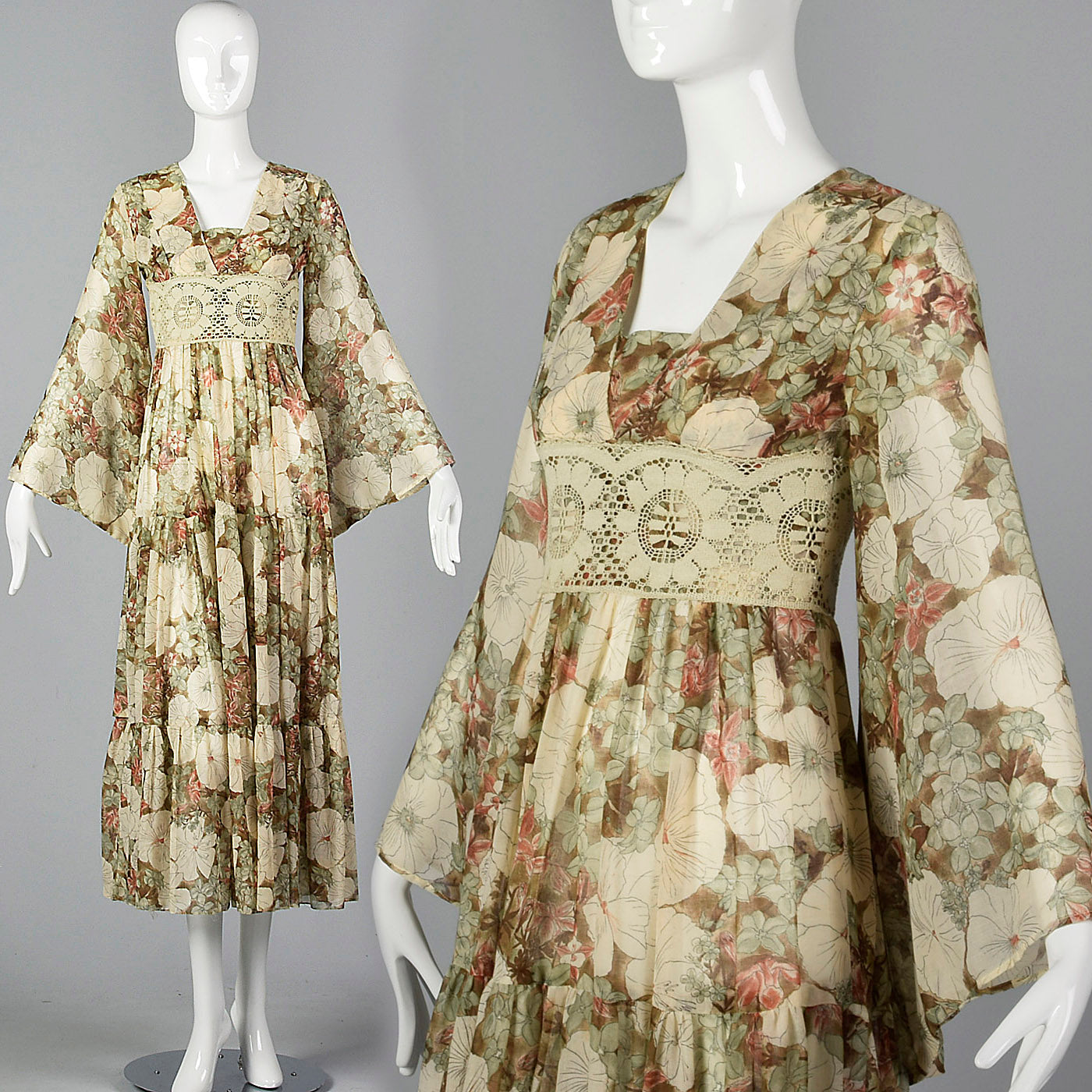 1970s Gunne Sax Brown Floral Maxi Dress