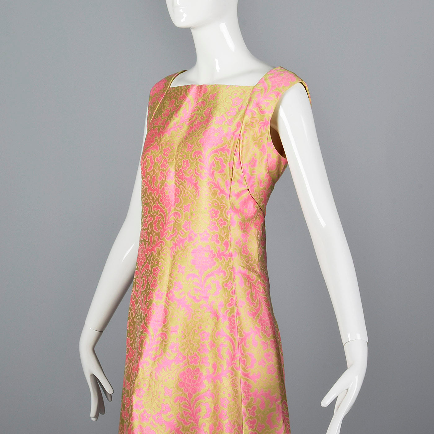 1960s Malcolm Starr Sleeveless Maxi Dress in Pink and Chartreuse Psychedelic Brocade