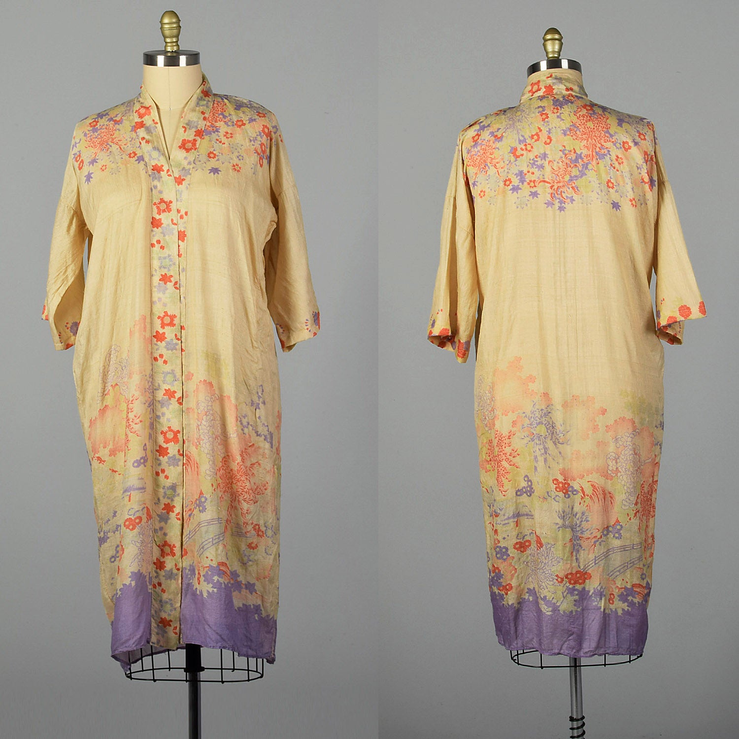 OSFM 1920s Ivory Floral Silk Robe