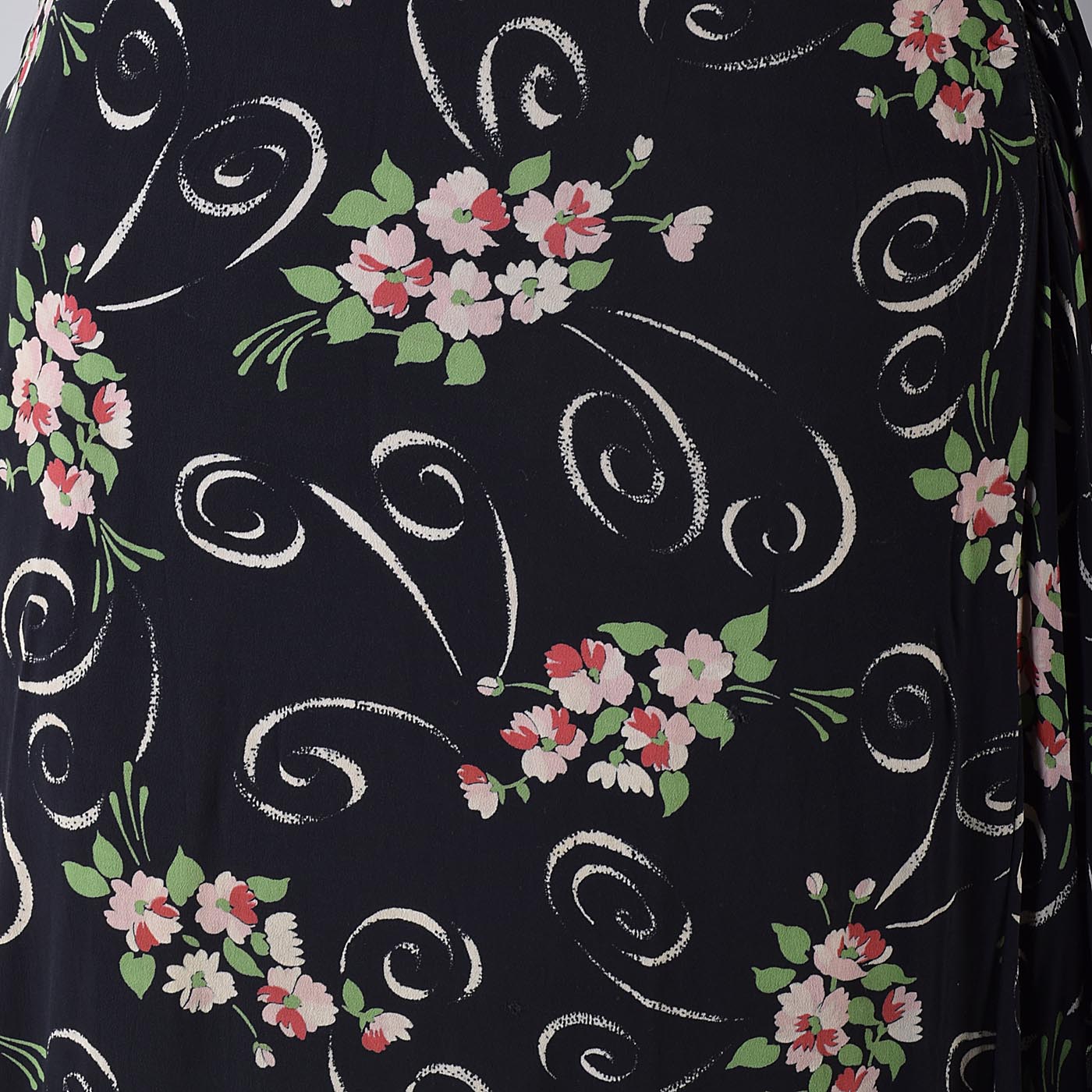 1940s Black Rayon Dress with Floral Print and Hip Sash