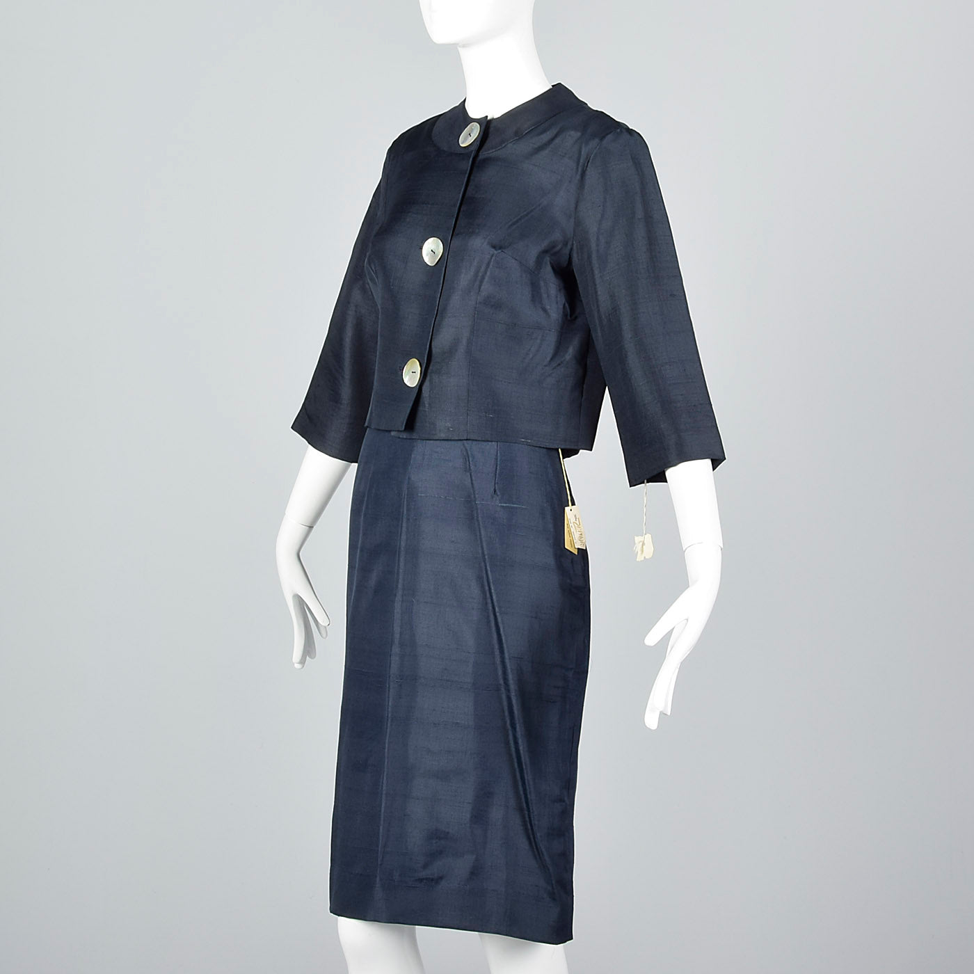 1960s Navy Blue Silk Skirt Suit with Mother of Pearl Buttons