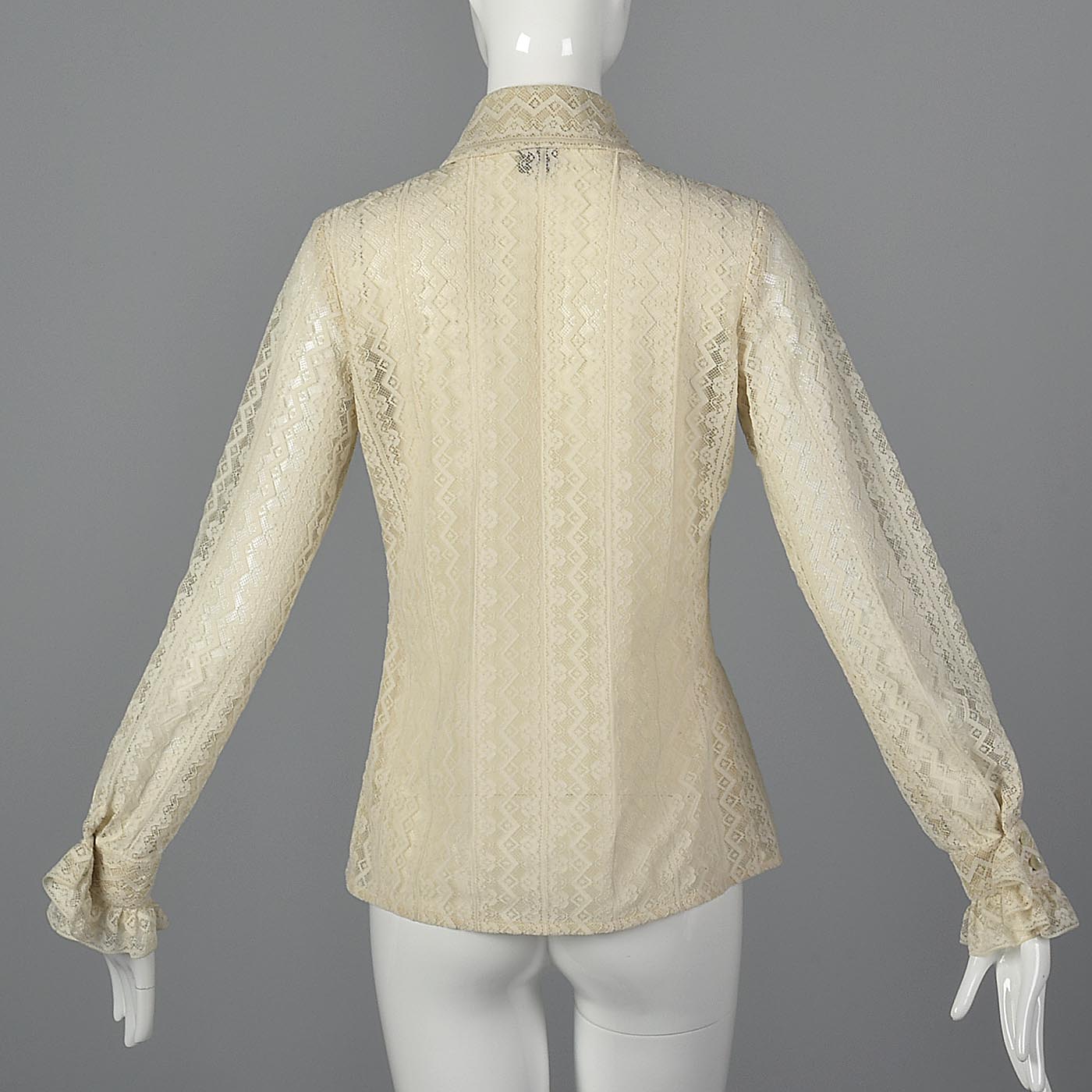 1970s Lace Blouse with Tuxedo Ruffle Front