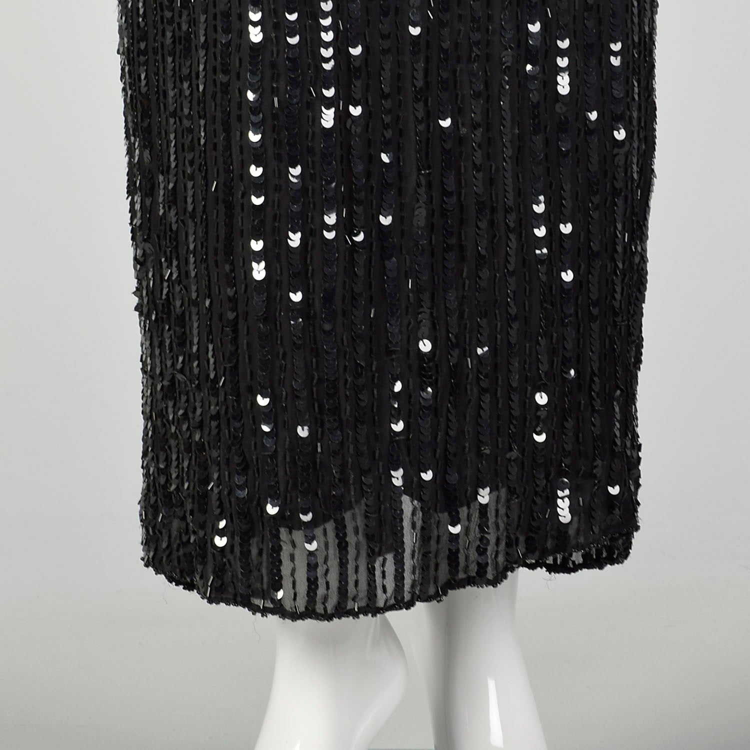 Medium Bellissima Dress 1980s Silk Beaded Sheer Formal Black Sequin Keyhole Back Evening Gown