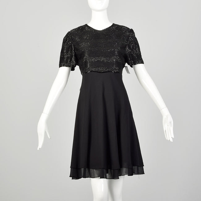 Medium 1990s Little Black Dress Beaded Short Sleeve Evening Cocktail Party LBD
