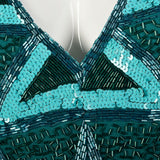 Large 1980s Bob Mackie Gown Bugle Beads Sequins Caged Back Hi Low Beaded Fringe Hem
