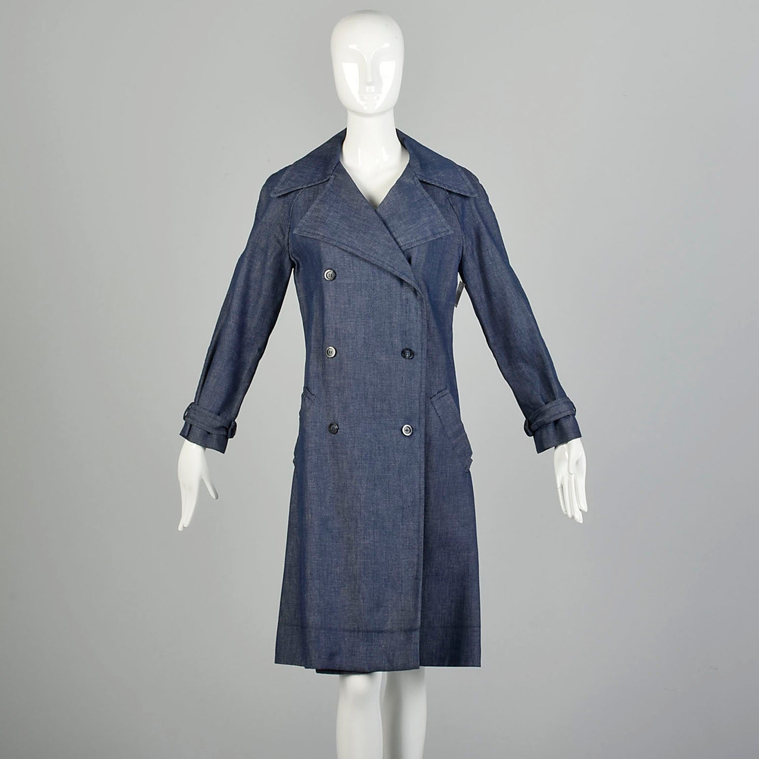 Small 1970s Denim Trench Coat  Double Breasted Knee Length Jean Jacket