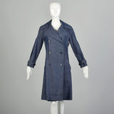 Small 1970s Denim Trench Coat  Double Breasted Knee Length Jean Jacket