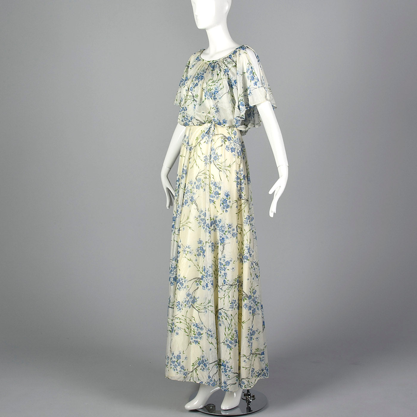 1970s Blue Floral Maxi Dress with Cold Shoulders