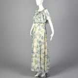1970s Blue Floral Maxi Dress with Cold Shoulders
