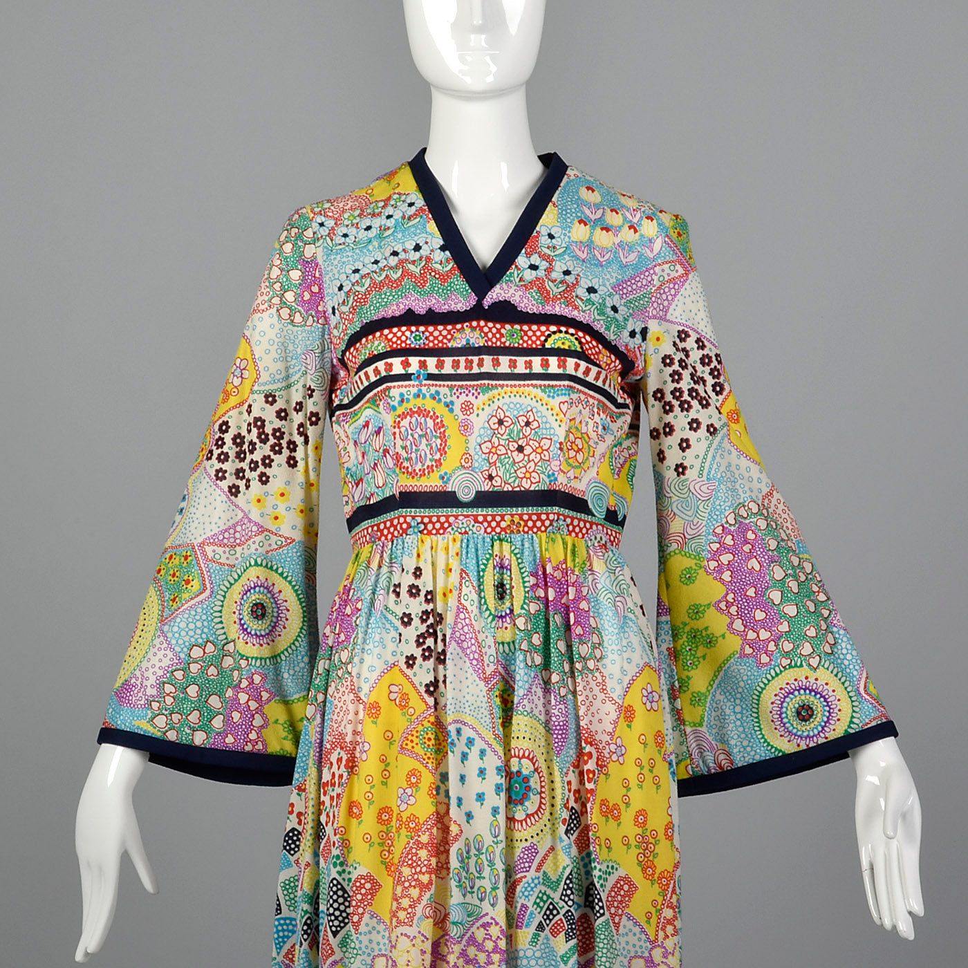 1970s Psychedelic Print Maxi Dress with Bell Sleeves