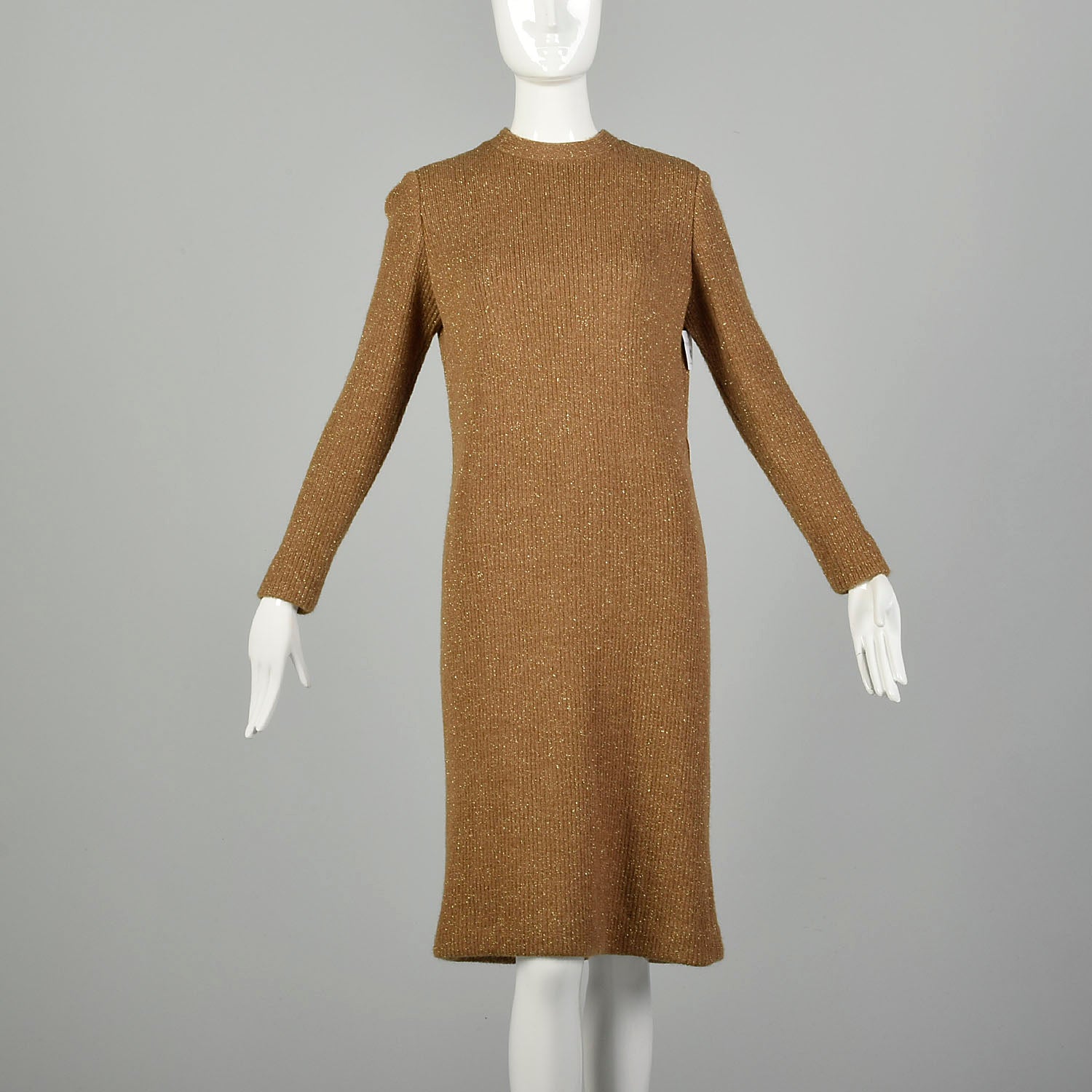 Medium 1970s Sweater Dress Cocktail Metallic Gold Cozy Ribbed Knit
