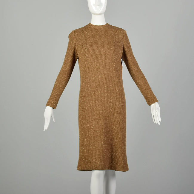 Medium 1970s Sweater Dress Cocktail Metallic Gold Cozy Ribbed Knit