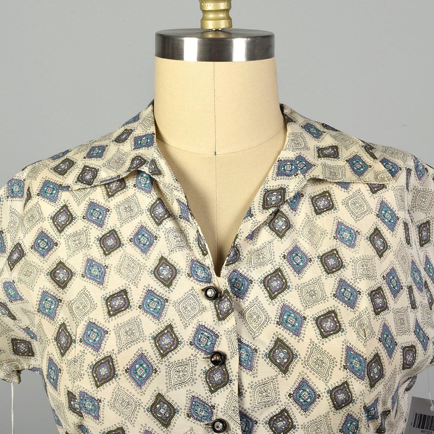 XL 1950s Deadstock Day Dress Blue Print Cotton Short Sleeve Casual