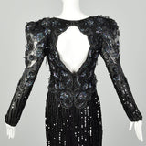 Medium Bellissima Dress 1980s Silk Beaded Sheer Formal Black Sequin Keyhole Back Evening Gown
