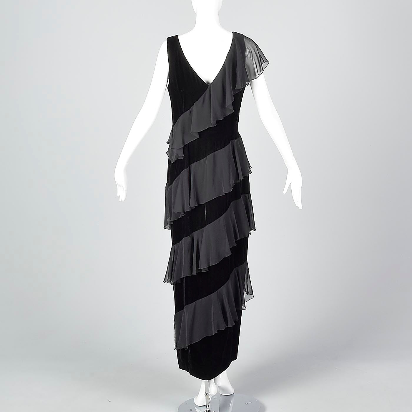 1980s Black Velvet Maxi Dress with Chiffon Ruffle