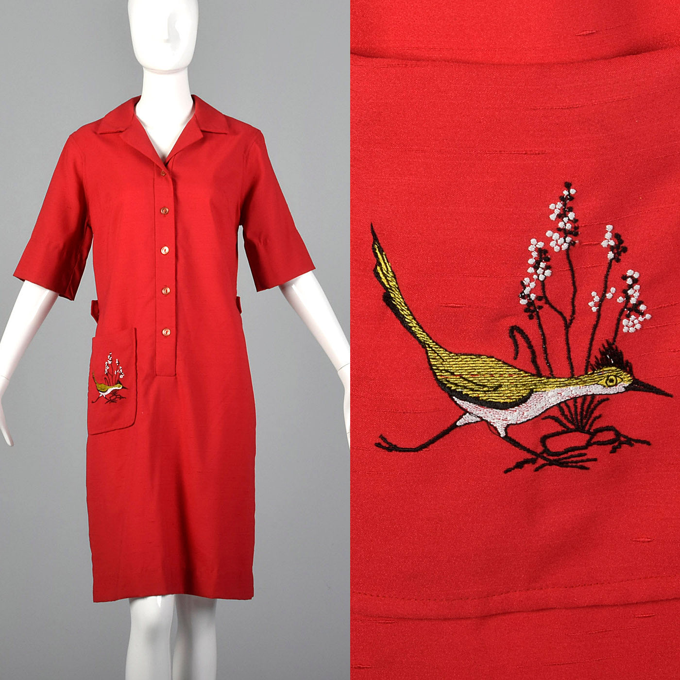 1960s Red Day Dress with Bird Embroidery