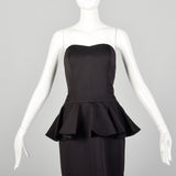 XS 1980s Black Peplum Cocktail Dress Strapless Sexy Party Pencil Dress