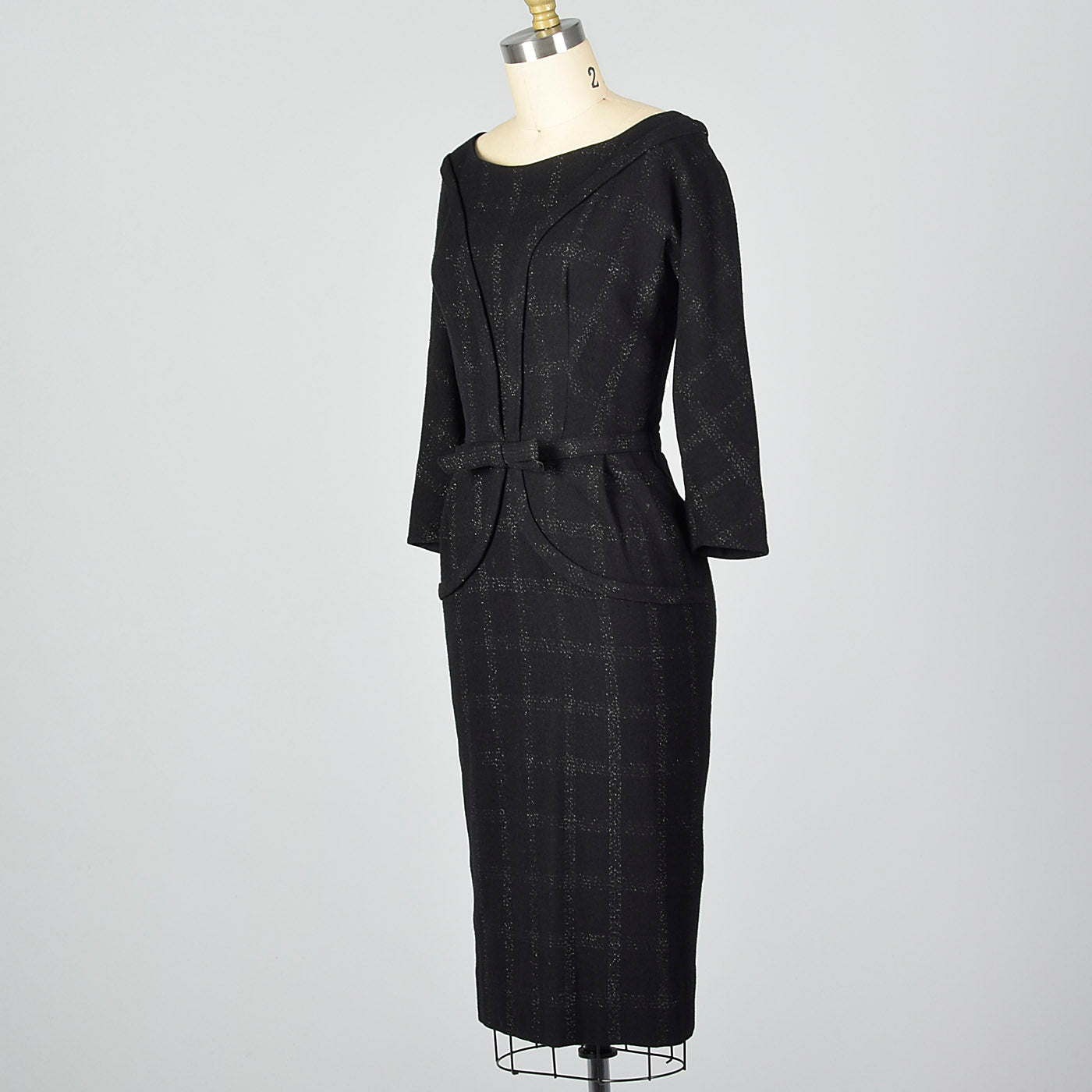 1950s Black Wool Dress with Silver Metallic Plaid