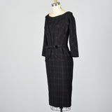 1950s Black Wool Dress with Silver Metallic Plaid