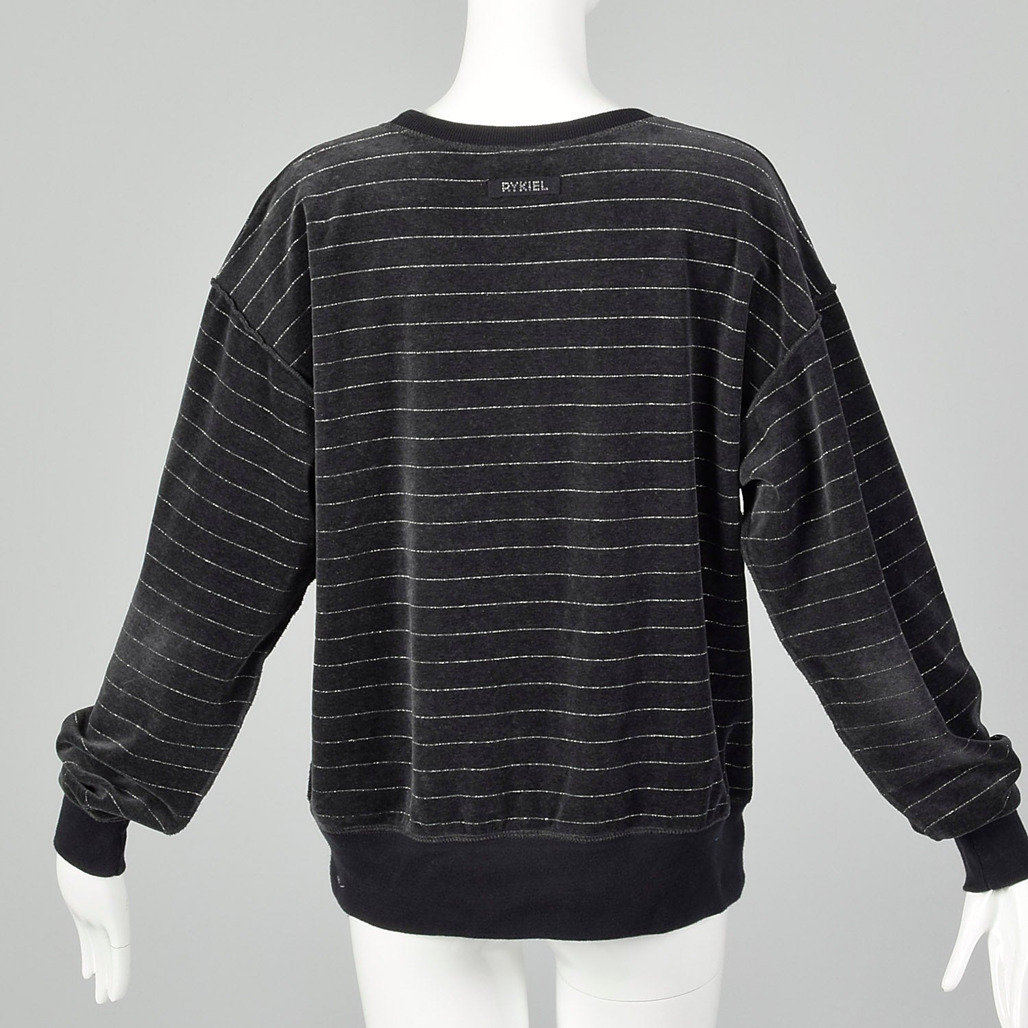 Large 1990s Sonia Rykiel Grey Velour Sweater with Metallic Silver Stripes