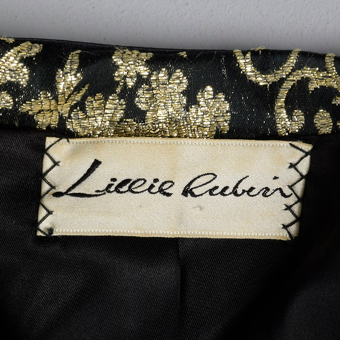 1980s Lillie Rubin Black and Metallic Gold Brocade Bolero Jacket