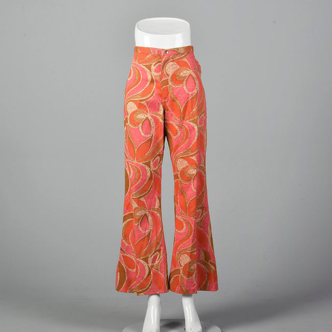 1970s Wrangler Pink and Orange Abstract Print Bellbottoms
