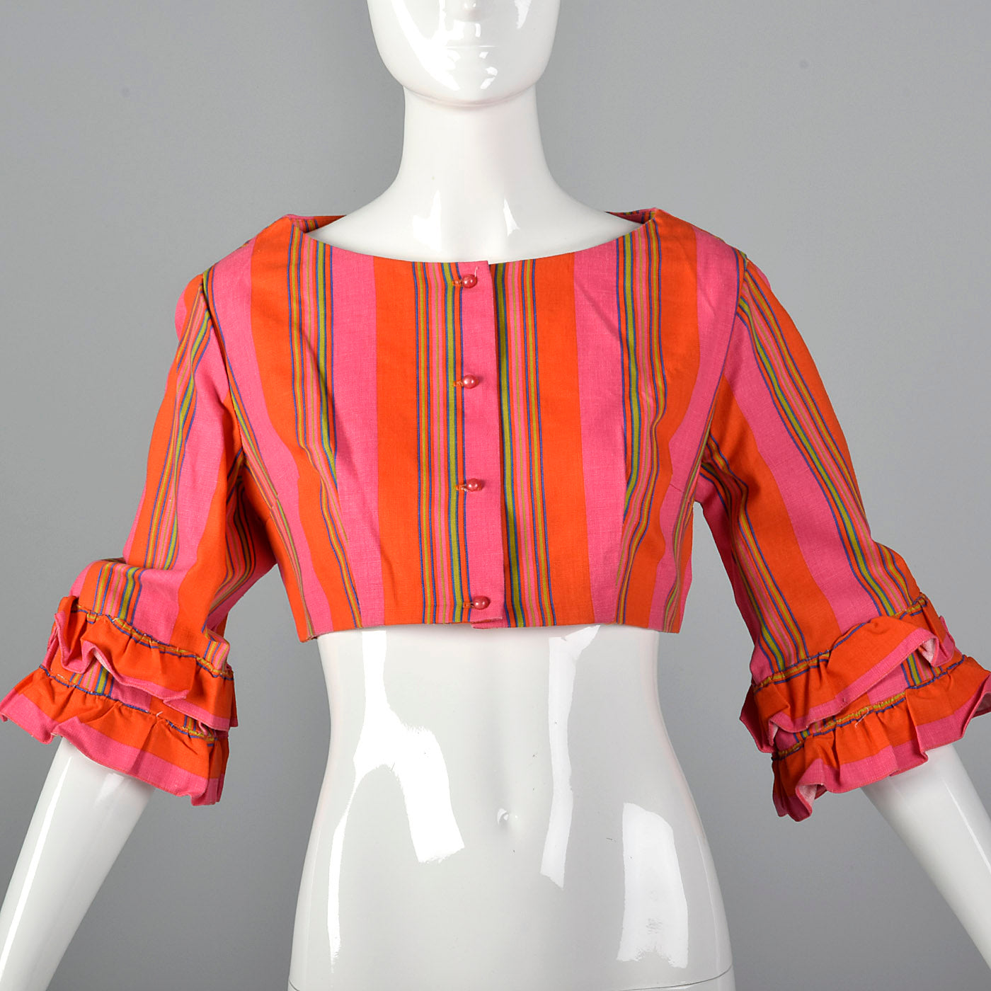 1970s Stripe Crop Top with Ruffle Sleeves