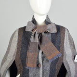 OSFM 1970s Tweed Color Block Cape Attached Scarf Wool Stripe Multi Color Wrap